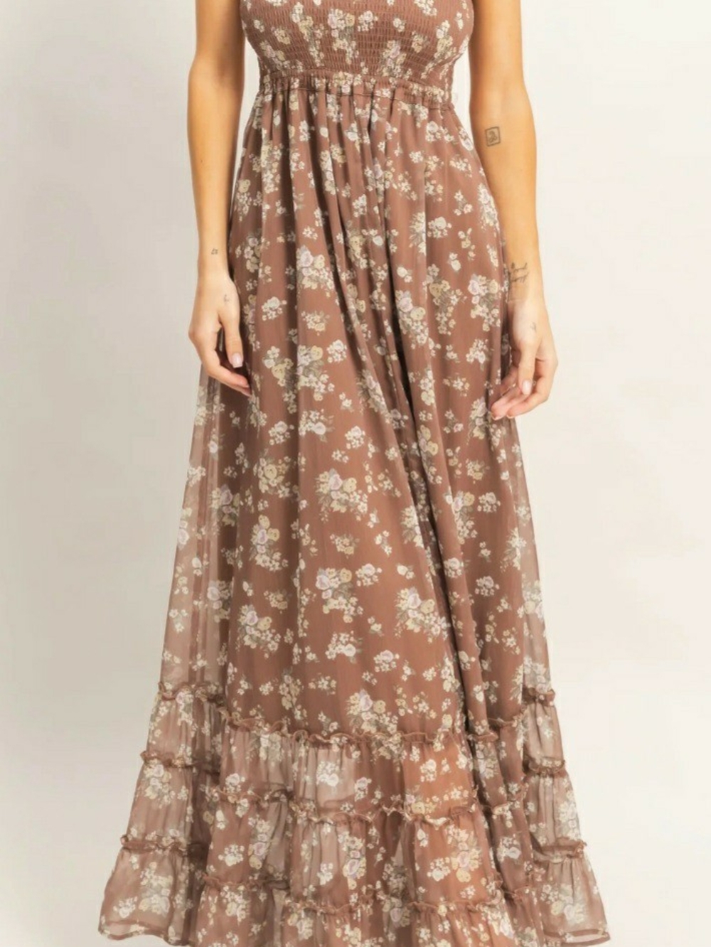 Floral Tiered Maxi Dress in Brown